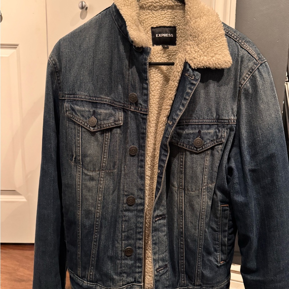 Express Men's Classic Blue Denim Jacket with Cream Sherpa